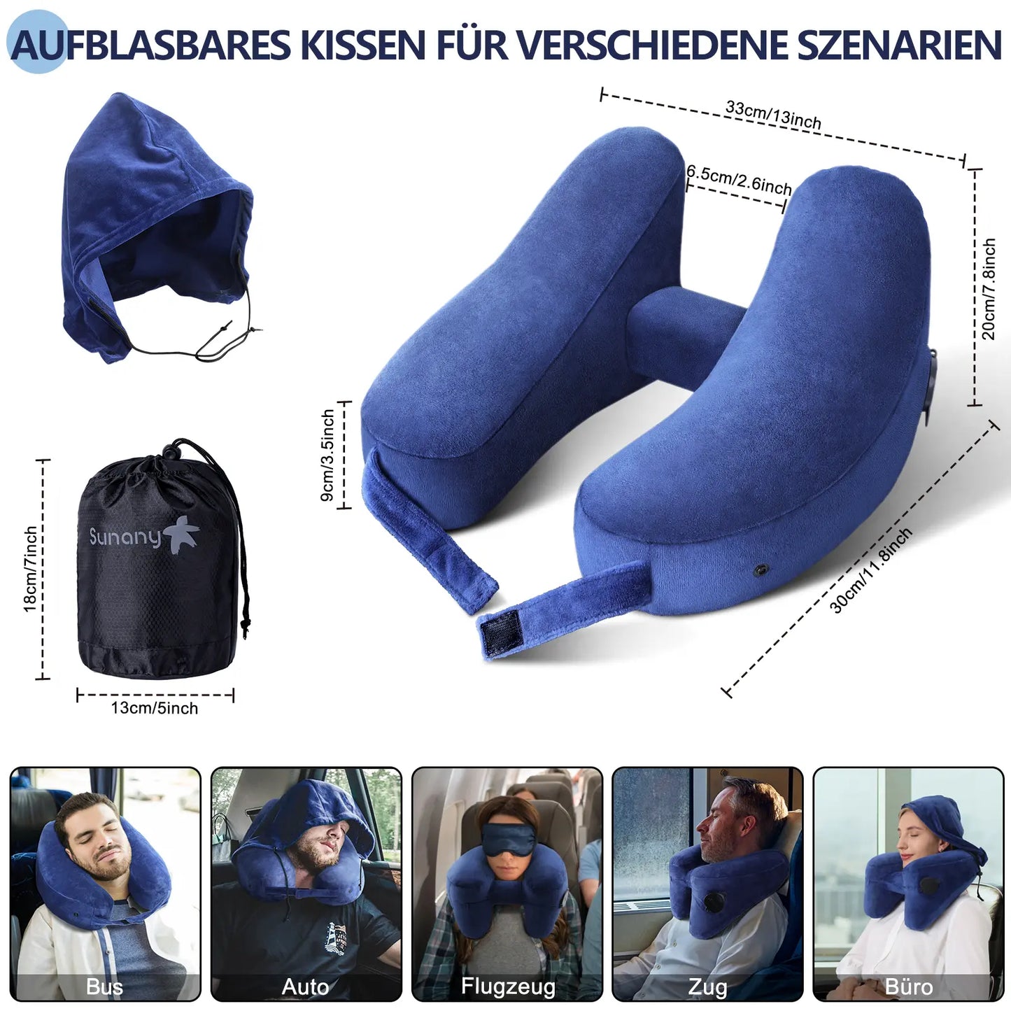 Sunany Ergonomic Inflatable Travel Neck Pillow with Hood - Ideal for Long Flights and Road Trips, Perfect for Office Naps, Grey