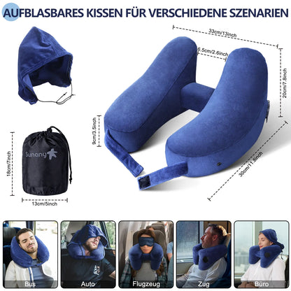 Sunany Ergonomic Inflatable Travel Neck Pillow with Hood - Ideal for Long Flights and Road Trips, Perfect for Office Naps, Grey