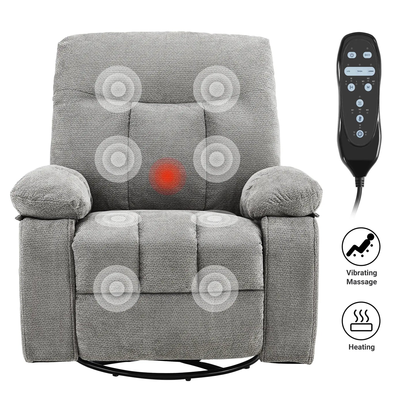 DUMOS Swivel Rocker Recliner Chair with Vibration Massage and Lumbar Heating, 270° Rotating Chenille Fabric Design with Footrest for Living Room and Bedroom