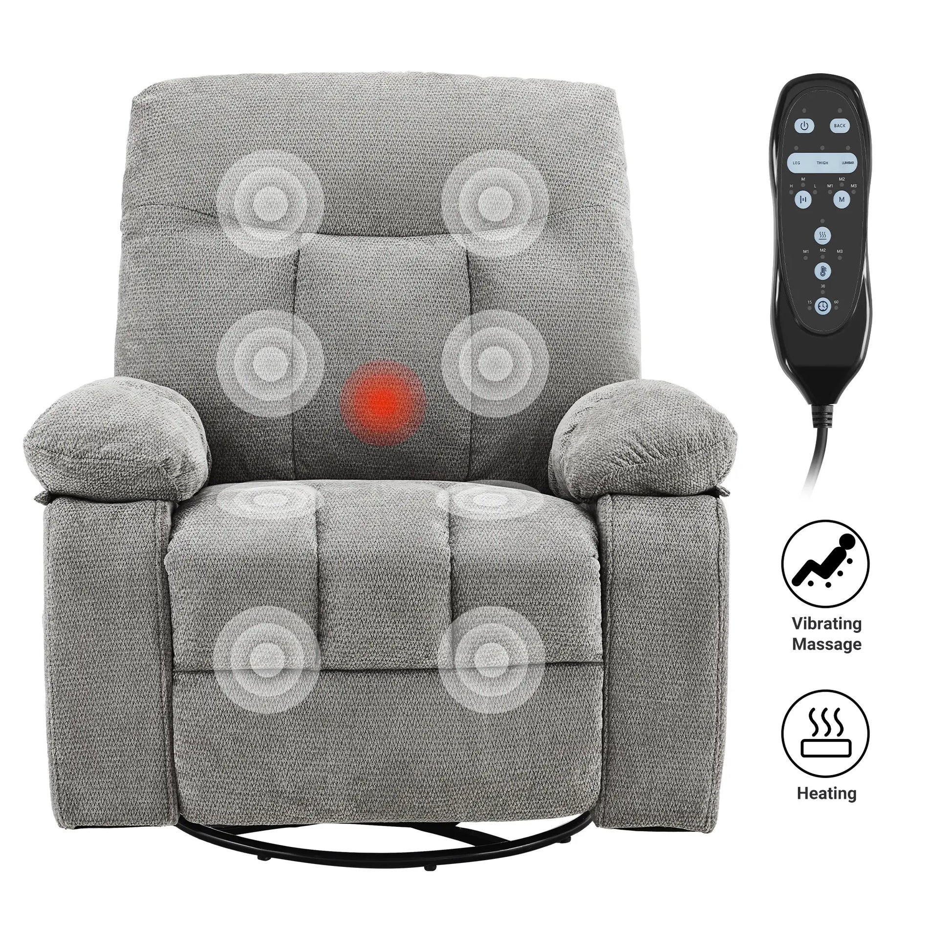 DUMOS Swivel Rocker Recliner Chair with Vibration Massage and Lumbar Heating, 270° Rotating Chenille Fabric Design with Footrest for Living Room and Bedroom