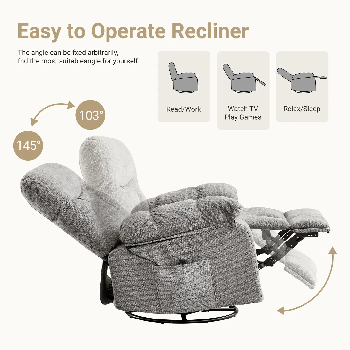 DUMOS Swivel Rocker Recliner Chair with Vibration Massage and Lumbar Heating, 270° Rotating Chenille Fabric Design with Footrest for Living Room and Bedroom