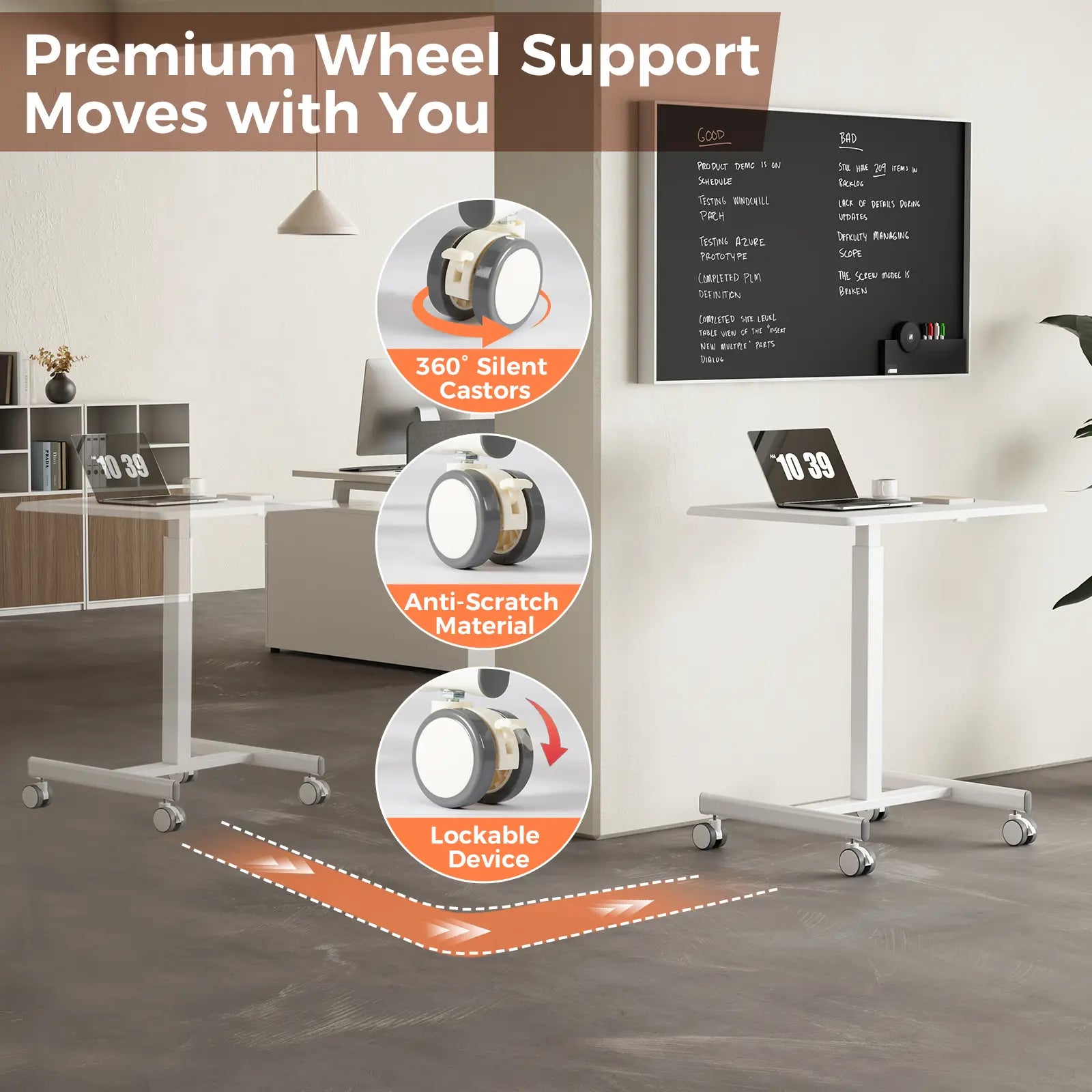 Dumos Adjustable Mobile Rolling Standing Desk with Ergonomic Features and Built-In Wheels - Versatile Overbed Solution for Home Office, Teacher Use, and Laptop Workstations