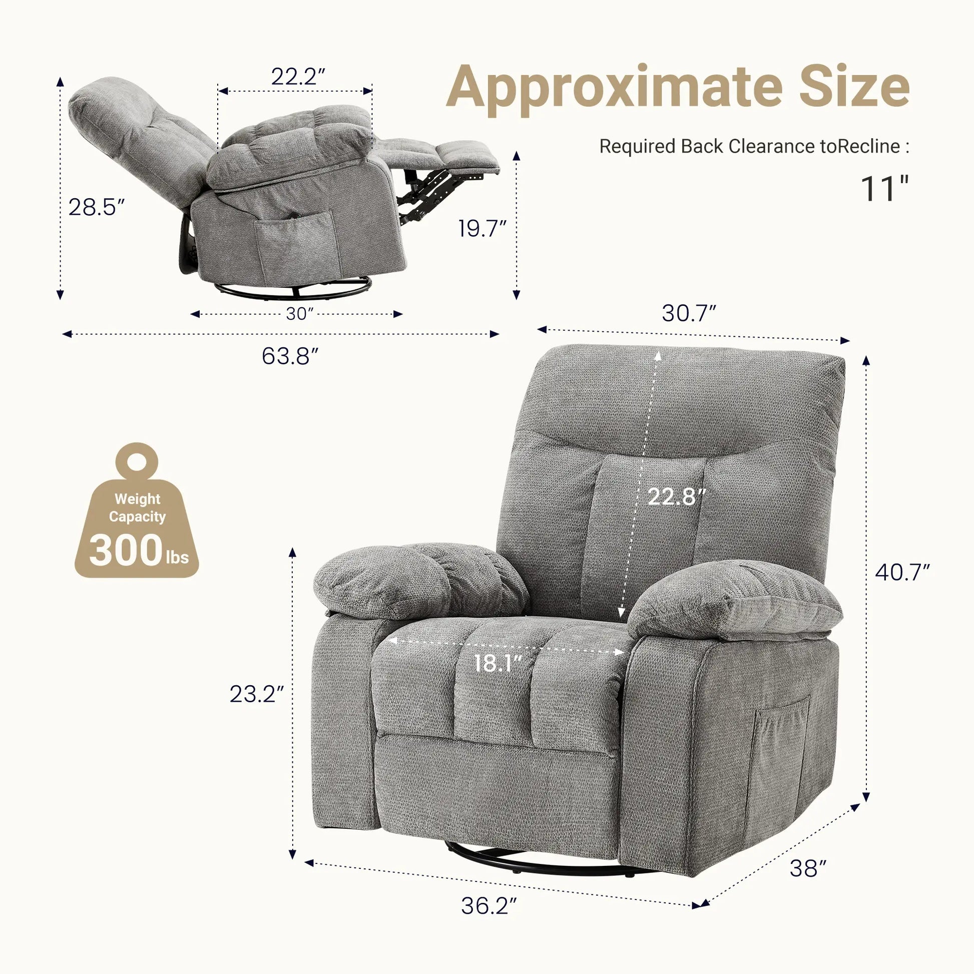 DUMOS Swivel Rocker Recliner Chair with Vibration Massage and Lumbar Heating, 270° Rotating Chenille Fabric Design with Footrest for Living Room and Bedroom