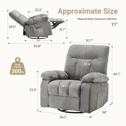 DUMOS Swivel Rocker Recliner Chair with Vibration Massage and Lumbar Heating, 270° Rotating Chenille Fabric Design with Footrest for Living Room and Bedroom