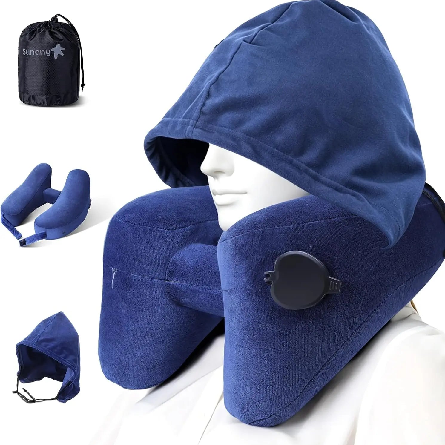 Sunany Ergonomic Inflatable Travel Neck Pillow with Hood - Ideal for Long Flights and Road Trips, Perfect for Office Naps, Grey