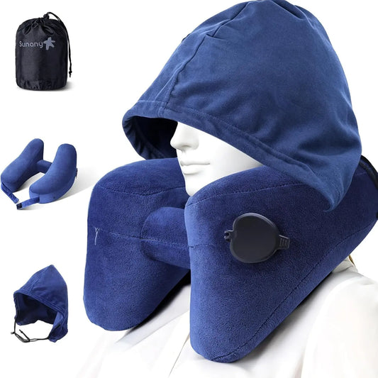Sunany Ergonomic Inflatable Travel Neck Pillow with Hood - Ideal for Long Flights and Road Trips, Perfect for Office Naps, Grey
